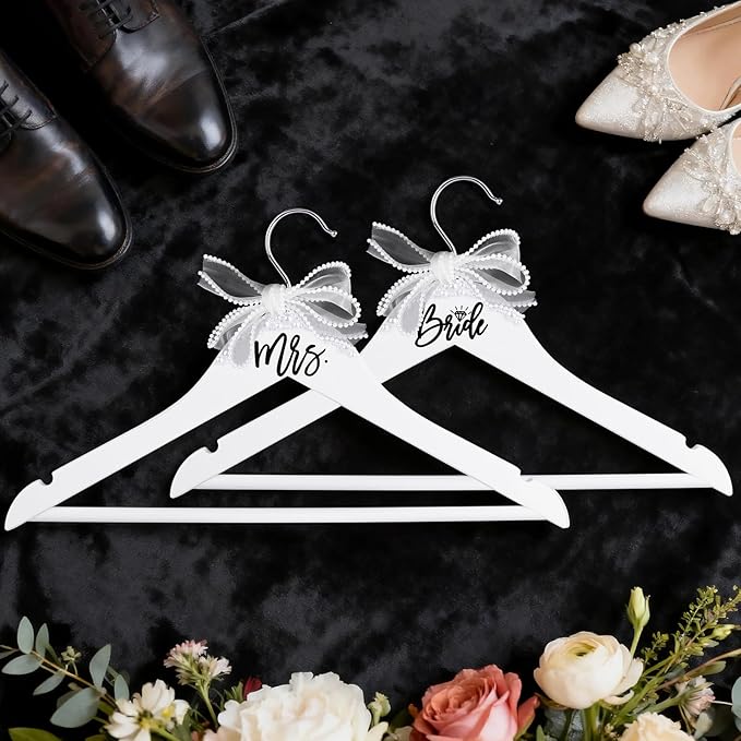Bride Hanger for Wedding Dress Wooden Pearl Hangers with Pearl Ribbon Bow Elegant Bridal Mrs Wedding Dress Hanger, 2PCS Personalized Wedding Hangers (White)