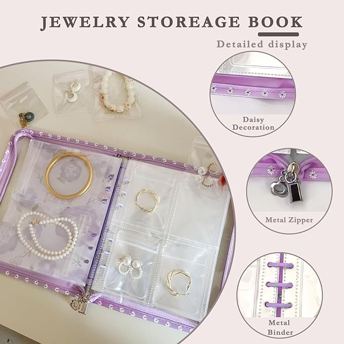 Jewelry Organizer Travel,Jewelry Storage Book with 45 Portable thick PVC pouches,Jewelry Organizer Zipper Bags for Necklaces Bracelet Rings and Earrings (front cover removable),Purple