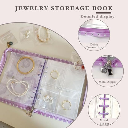 Jewelry Organizer Travel,Jewelry Storage Book with 45 Portable thick PVC pouches,Jewelry Organizer Zipper Bags for Necklaces Bracelet Rings and Earrings (front cover removable),Purple