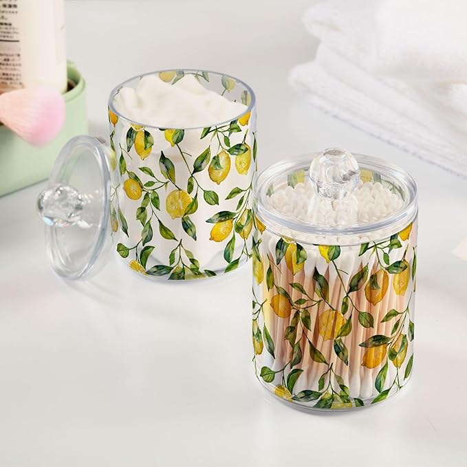 ALAZA 4pcs Watercolor Lemon Leaf Qtip Holder Dispenser 14 oz Bathroom Storage Clear Apothecary Jars Containers Cotton Ball,Cotton Rounds,Floss Picks, Hair Clips, Food