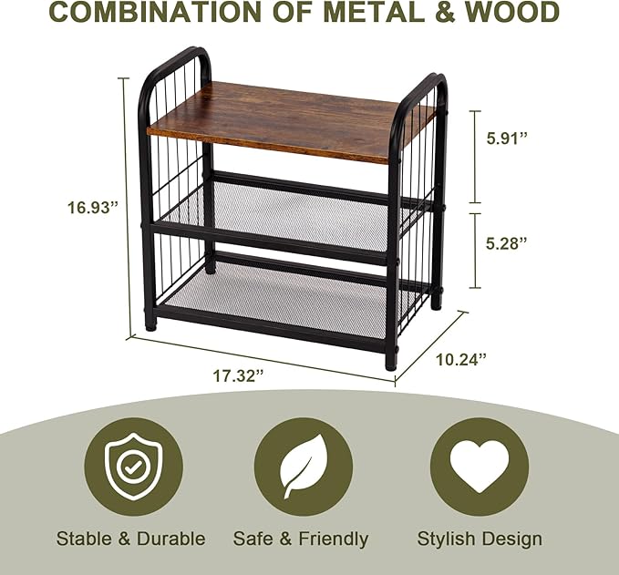 Narrow Shoe Rack for Small Spaces, 3-Tier Compact Shoe Organizer for Closet, Entryway, Small Apartment, Space Saving Metal & Wood Shoe Storage Shelf