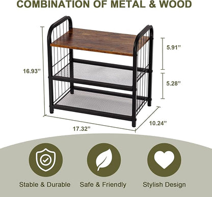 Narrow Shoe Rack for Small Spaces, 3-Tier Compact Shoe Organizer for Closet, Entryway, Small Apartment, Space Saving Metal & Wood Shoe Storage Shelf