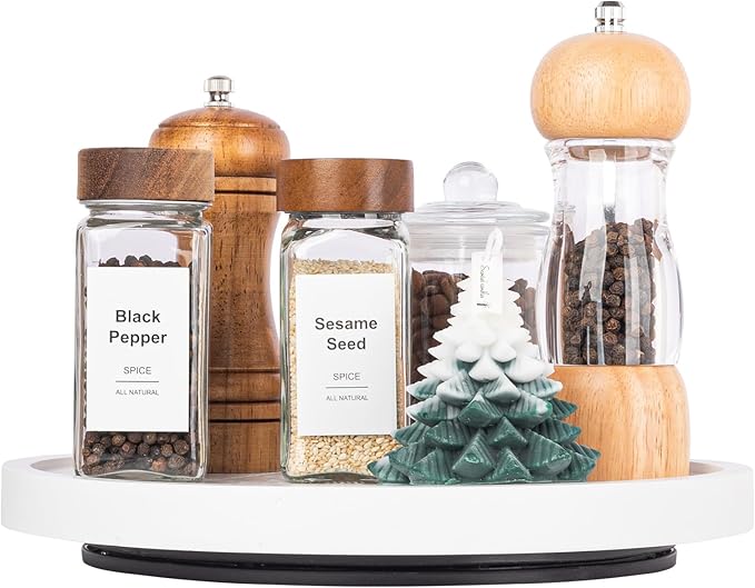 Wood Lazy Susan Organizer Kitchen Turntable for Cabinet Farmhouse Bathroom Decor Round Decorative Tray for Vanity, Counter, Sink, Coffee Table, 10 Inch, White