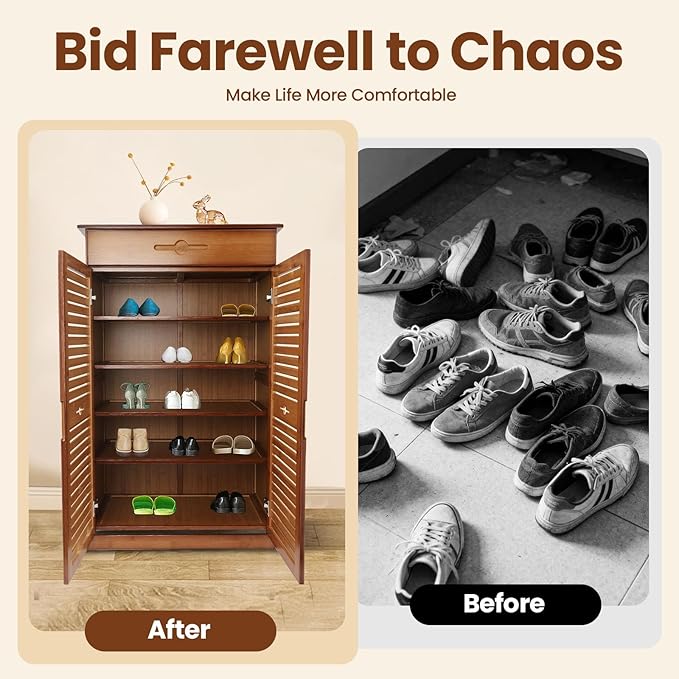 5 Tier Shoe Cabinet with Drawer, Bamboo Shoe Cabinet Organizer with Door, Retro Entryway Shoe Storage Cabinet for Closet, Living Room, Bedroom, Hallway, Doorway
