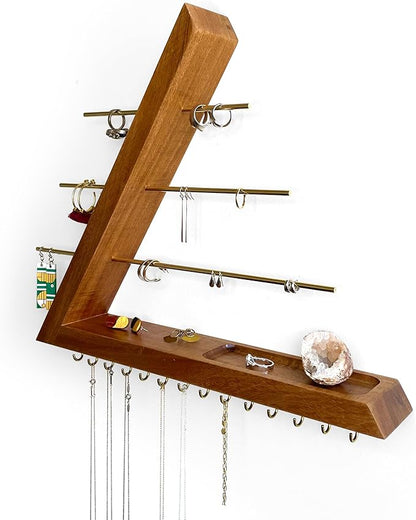 Jewelry Organizer Wall Mounted, Hardwood Hanging Jewelry Holder, Open Triangle Jewelry Display Shelf for Necklaces, Earrings, Rings and Bracelets, Gift for her, Patented (Acacia)