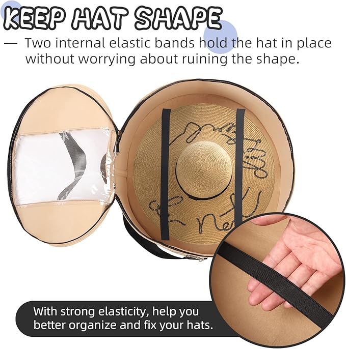 LitLandstar Hat Organizer Round Storage Box Portable Felt Container Foldable Hat Holder with Dust Proof Lid, Hat Rack for Closet or Travel (17" D x 10" H, Khaki)