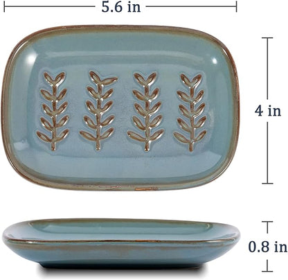HighHerz Aesthetic Ceramic Soap Dish for Shower, Soap Holder with Raised Relief, Shower Soap Dish for Shampoo Bar Or Sponge, Soap Saver for Bathroom, Kitchen, Sink, Decorative Soap Tray (Blue)