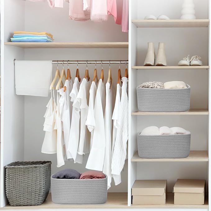 3-Pcs Shelf Baskets for Organizing, Closet Organizer Bins, Small Woven Baskets, Rope Toy Basket, Storage Basket for Shelves, Cube Decorative Box, 11.8×7.8×5.1”, Grey