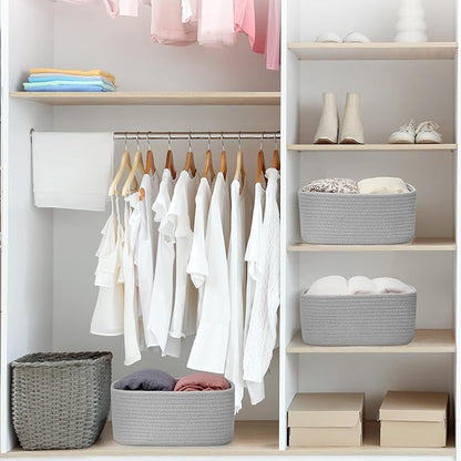 3-Pcs Shelf Baskets for Organizing, Closet Organizer Bins, Small Woven Baskets, Rope Toy Basket, Storage Basket for Shelves, Cube Decorative Box, 11.8×7.8×5.1”, Grey