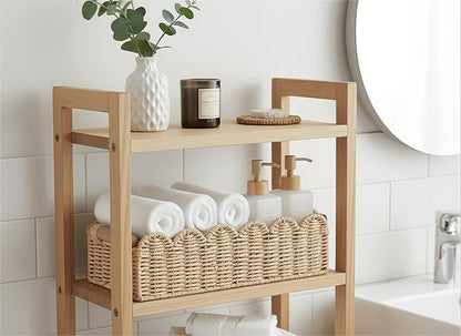 CubesLand Scalloped Edge Toilet Paper Storage Basket, Living Room Home Cozy Decor Basket, Paper Rope Small Baskets for Over Toilet Storage Shelf, End Table, Shelves, with 2 Wooden Handles, Beige