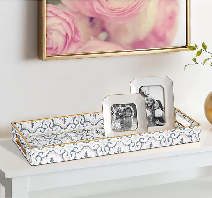 MAONAME White Decorative Tray, Plastic Serving Tray with Handles, Rectangular Moroccan Trays, Long Narrow Trays for Bathroom, Kitchen Counter, 13.8" X 6" X 1.57"