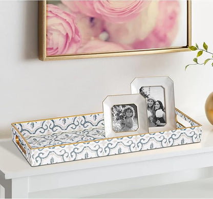 MAONAME White Decorative Tray, Plastic Serving Tray with Handles, Rectangular Moroccan Trays, Long Narrow Trays for Bathroom, Kitchen Counter, 13.8" X 6" X 1.57"