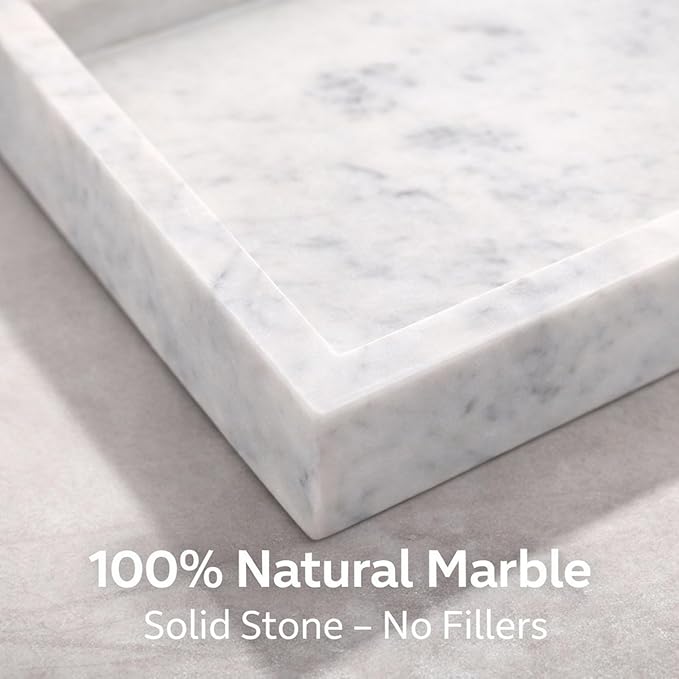 Natural White Marble Tray for Bathroom | Kitchen | Vanity | Desktop, Stone Organizer for Coffee Table, Dresser, Nightstand, Candles, Soap, Towel, Plant, Jewelry (10" x 6"), Rectangular