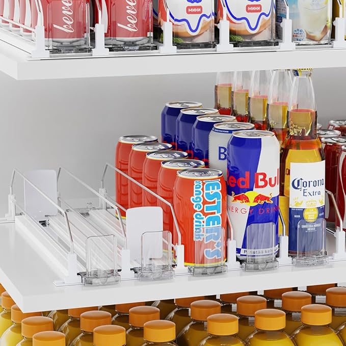 Upgraded Press-type Drink Organizer for Fridge, Capable of horizontal pushing Soda Can Dispenser for RefrigeratorSpace-Saving Automatic Drink Pusher Glide System - Holds 30 Cans (6 Rows)