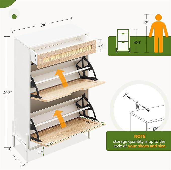 Entryway Shoe Cabinet with 2 Flip Drawers, Slim Freestanding Wooden Shoe Organizer with Linen Front Panels, Space-Saving Closed Shoe Rack for Hallway, Foyer, or Small Apartment(White)