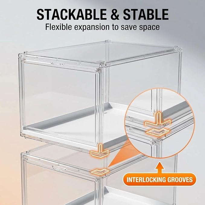 2 Pack Clear Hat Organizer Box, Stackable Cap Storage Display Case with Magnetic Door & Sliding Drawer Tray, Dustproof Hat Container Holds 10 Hats per Box (Clear, 2 Pack)