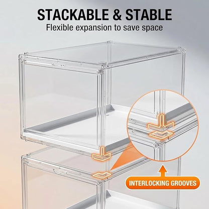 2 Pack Clear Hat Organizer Box, Stackable Cap Storage Display Case with Magnetic Door & Sliding Drawer Tray, Dustproof Hat Container Holds 10 Hats per Box (Clear, 2 Pack)