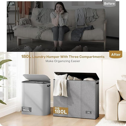 SOLEDI 180L Laundry Hamper 3 Section, Extra Large Laundry Hamper with Lid, Dirty Clothes Hamper with Sturdy Handle, Large Laundry Basket Organizer for Laundry Room, Bedroom, Hampers for Laundry