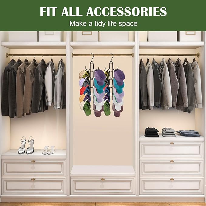Hat Organizer for Closet, Collapsible Metal Caps Rack with 10 Large Hooks, Holds Up to 40 Baseball Caps, Rotatable Space Saving Hat Hanger for Closet Organizers and Storage, Black