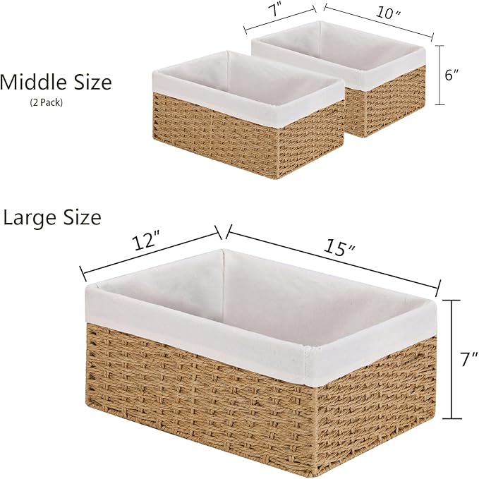 Vagusicc Wicker Storage Basket, 3-Pack Woven Paper Rope Wicker Baskets with Handles, Large Wicker Basket Cube Storage Bins with Liners, Storage Baskets for Organizing Shelves & Decor, Natural