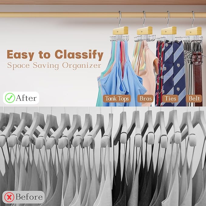 Belt & Bra Organizer for Closet - Tie Rack With 22 Rotatable Hooks, Stackable Space Saving Hanger for Women/Men, Tank Top Organizer, 3pcs