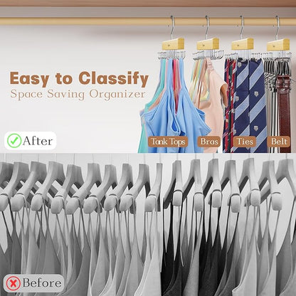 Belt & Bra Organizer for Closet - Tie Rack with 22 Rotatable Hooks, Stackable Space Saving Hanger for Women/Men, Tank Top Organizer - 2 Pcs