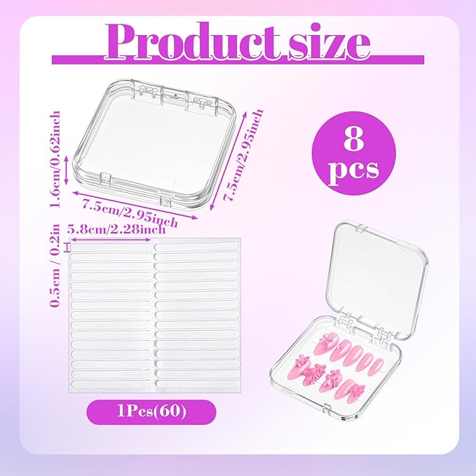 8 Pcs Press on Nail Storage, Clear Acrylic Press on Nail Boxes, Nail Container with 30 Pcs Double-Sided Tape for Fake Nail Display and Salon Supplies