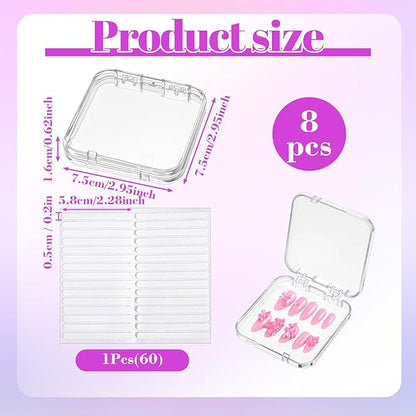 8 Pcs Press on Nail Storage, Clear Acrylic Press on Nail Boxes, Nail Container with 30 Pcs Double-Sided Tape for Fake Nail Display and Salon Supplies