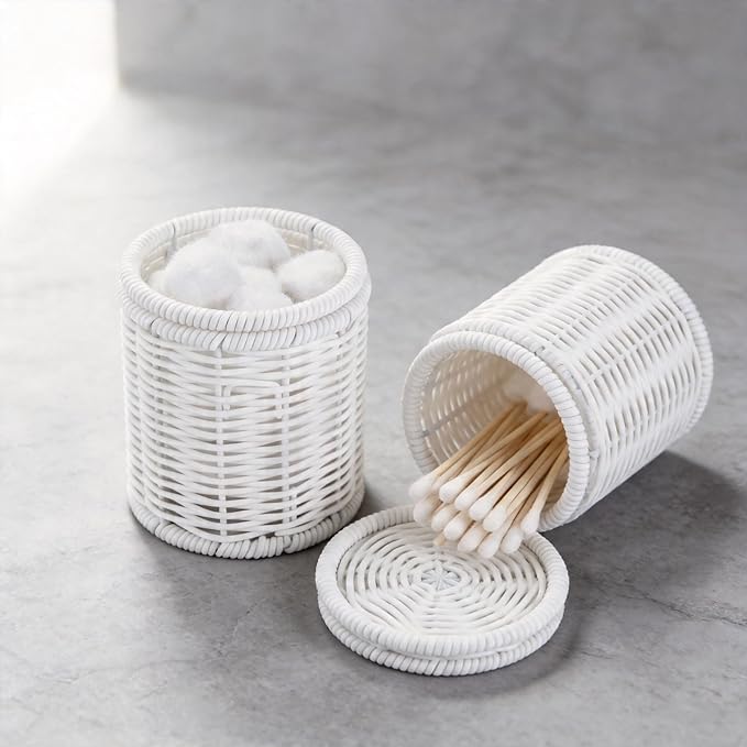 Rattan Jars,Decorative Storage Boxes with Lids, Bathroom Accessories,Rattan Desk Organizer,for Office,Dressing Table,Dental floss picks, cotton swab holders Home Decoration,White（DP056）