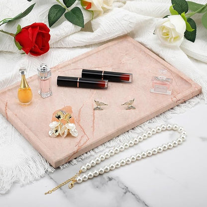 Real Luxurious Natural Marble Tray - 12x8 Inch Marble Vanity Tray for Perfume Display, Jewelry Organizer, Bathroom & Home Decor -Heavy Duty Non-Slip Stone Tray (Non-Resin/Non-Ceramic)（Pink）