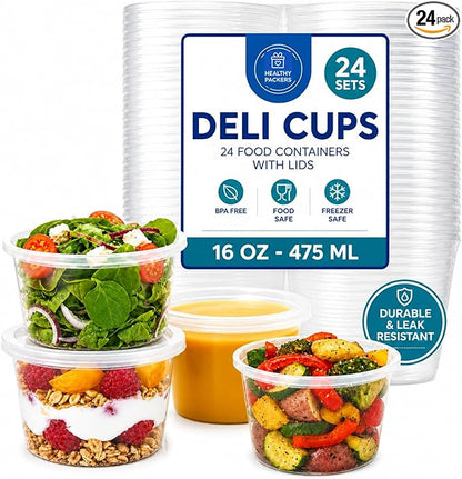 Healthy Packers 16oz Food Storage & Soup Containers with Airtight Lids - Clear Plastic Deli Cups - Great for Your Slime Kit - BPA Free | Leakproof - Microwaveable - Reusable & Freezer Safe (24 pack)
