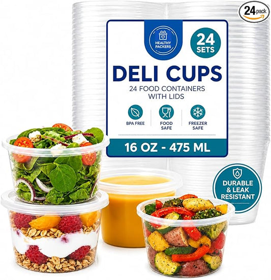 Healthy Packers 16oz Food Storage & Soup Containers with Airtight Lids - Clear Plastic Deli Cups - Great for Your Slime Kit - BPA Free | Leakproof - Microwaveable - Reusable & Freezer Safe (24 pack)