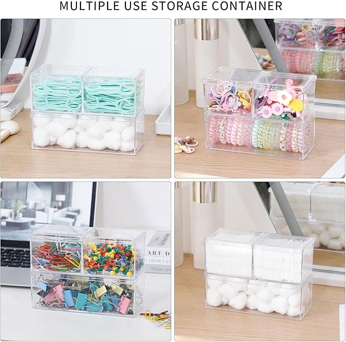 2 Pack Qtip Holder Dispenser with Lid , Plastic Bathroom Vanity Canister for Counter, Drawer and Cabinet Use, Cotton Balls, Makeup Pads, Floss Picks, Clear Desk Container