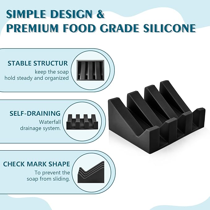 Self Draining Soap Dish Holder,Silicone Soap Dish,for Bathroom,Kitchen, Sponges，Can Extend Soap Life，Keep Soap Bars Dry and Easy Cleaning (Black+White,2-Pack)