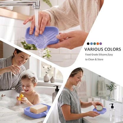 MicoYang Silicone Bathroom Soap Dishes with Drain Spout-Bathroom and Kitchen Sink Organizer,Sponge Holder,Dish Soap Tray,Perfect for Dispenser,Scrubber,Bottle on Sink or Counter-Light Purple 4.9"×3.2"