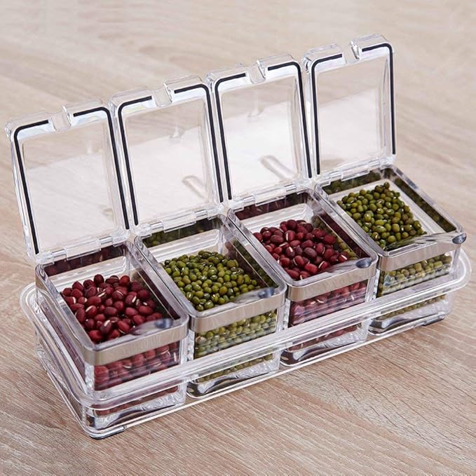 KPS Spice Storage Container Box, Crystal Seasoning box with 4 compartment and spoons, Acrylic seasoning Masala Box (pack of 1)