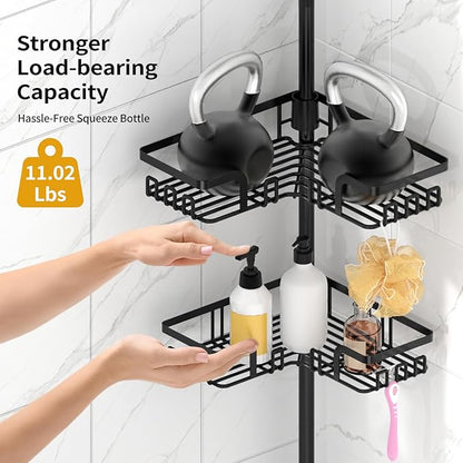 KEGII Shower Caddy Tension Pole with 2 Towel Bars, Corner Shower Organizer Shelves for Bathtub Shampoo Storage, Adjustable Shower Tension Rod with Razor Holder & Hooks