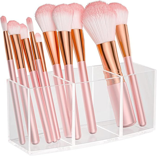 Clear Makeup Brush Organizer, Acrylic Cosmetic Brushes Storage with 3 Slots,Perfect Pen Holder for Desk