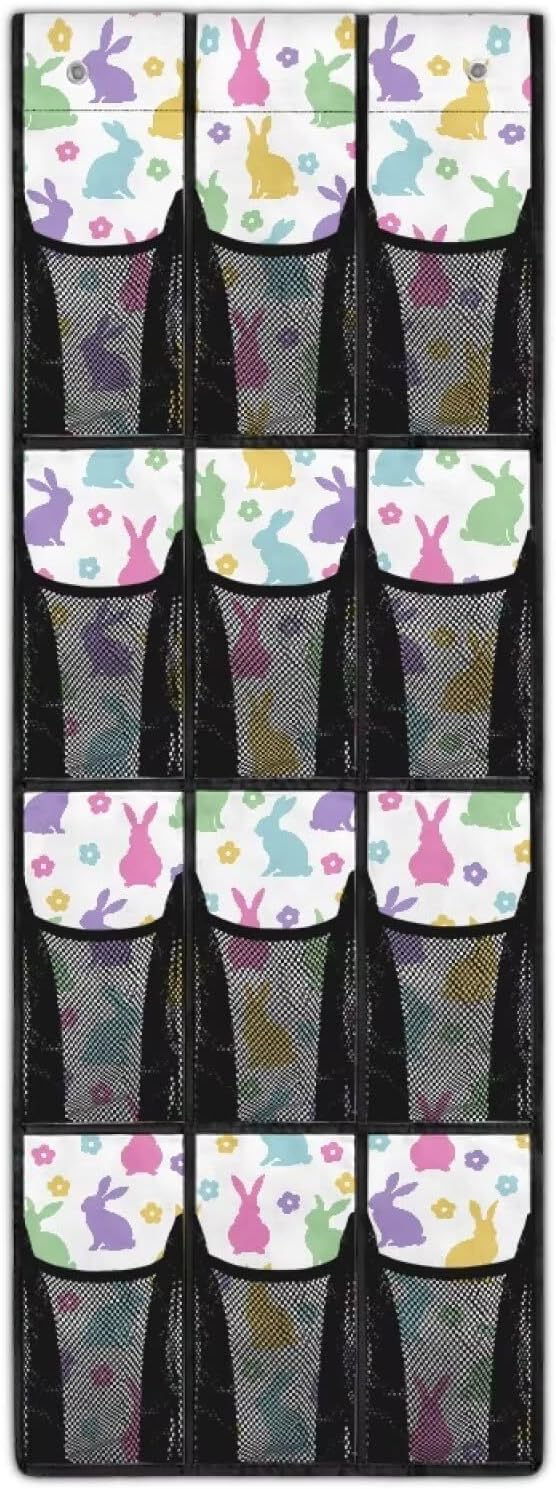 12-Pocket Space Saving Door Organizer, Over the Door Hanging Storage Bag for Shoes Toys and Essentials for Bedroom, Closet or College Dorm, Coloured Cartoon Rabbit