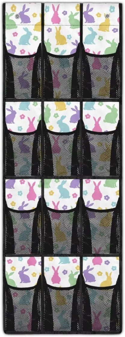12-Pocket Space Saving Door Organizer, Over the Door Hanging Storage Bag for Shoes Toys and Essentials for Bedroom, Closet or College Dorm, Coloured Cartoon Rabbit