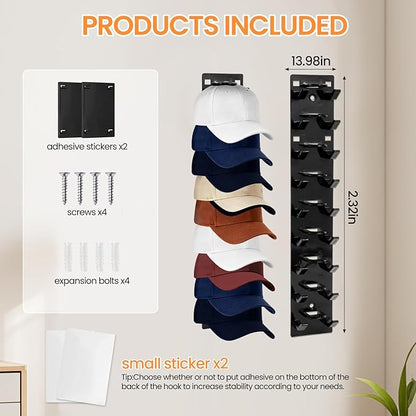 2 Pack Black Hat Organizer - Hat Rack for Wall & Cap Organizer, Strong Adhesive Multilayer Storage Holder, Wall Mounted Hooks Hold 18 Hats, Easy to Install for Bedroom & Closet Door