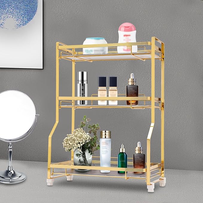 3 Tier Bathroom Countertop Organizer, Gold Bathroom Vanity Counter Organizer with Small Storage Basket for Skincare Makeup Perfume (Black)