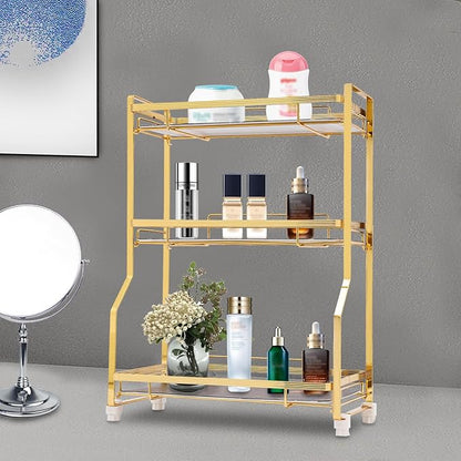 3 Tier Bathroom Countertop Organizer, Gold Bathroom Vanity Counter Organizer with Small Storage Basket for Skincare Makeup Perfume (Black)
