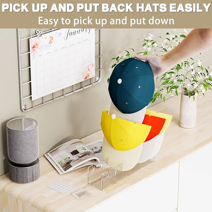 Hat Stand for Baseball Caps, 2 Pcs No Install Acrylic Hat Organizer for 14 Baseball Caps, Hat Holder Hat Storage Hat Display Baseball Cap Rack for Bedroom, Closet, Dresser, Office (Clear)