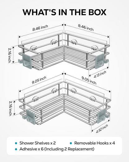 Nieifi Corner Shower Shelves Stainless Steel, Adhesive Shower Caddy Basket Rack with Hooks, Rust Proof for Bathroom Shelf Shampoo Holder (Silver, 2 Pack)