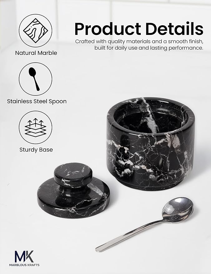 MARBLOUS KRAFTS Marble Salt Cellar with Lid and Spoon 3" Black Zebra Flaky Salt, Seasoning Containers, Ideal small Spices, Sugar Jars, kitchen accessories, Gift for Mom