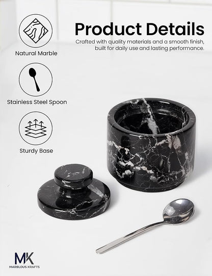 MARBLOUS KRAFTS Marble Salt Cellar with Lid and Spoon 3" Black Zebra Flaky Salt, Seasoning Containers, Ideal small Spices, Sugar Jars, kitchen accessories, Gift for Mom