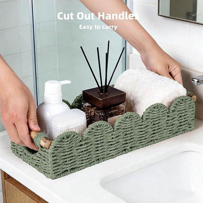 CubesLand Bathroom Basket Organizer w/Cut Out Handle, Back of Toilet Paper Storage Baskets for Bathroom Countertop Decorative, Small Scalloped Wicker Basket Also for Home Decor, Living Room, Green