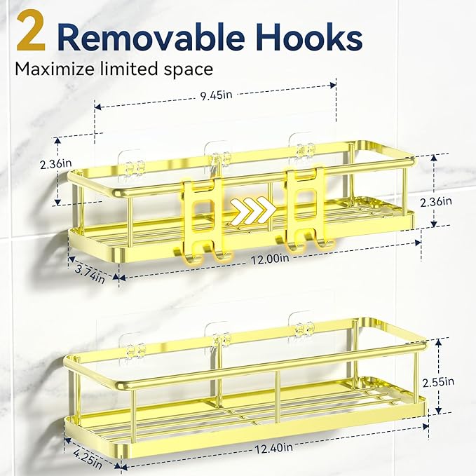 YASONIC Shower Caddy Adhesive, No Drill Bathroom Shower Organizers, with Removable Hooks, Rust Proof Shower Shelves, Wall-Mounted Shower Holder, 2 Pack Gold