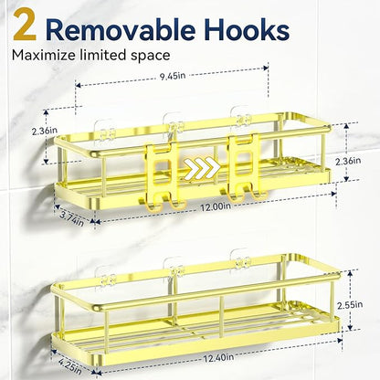YASONIC Shower Caddy Adhesive, No Drill Bathroom Shower Organizers, with Removable Hooks, Rust Proof Shower Shelves, Wall-Mounted Shower Holder, 2 Pack Gold